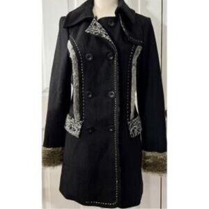 BKE Black and Gray Trench Coat with Patterned Accents
